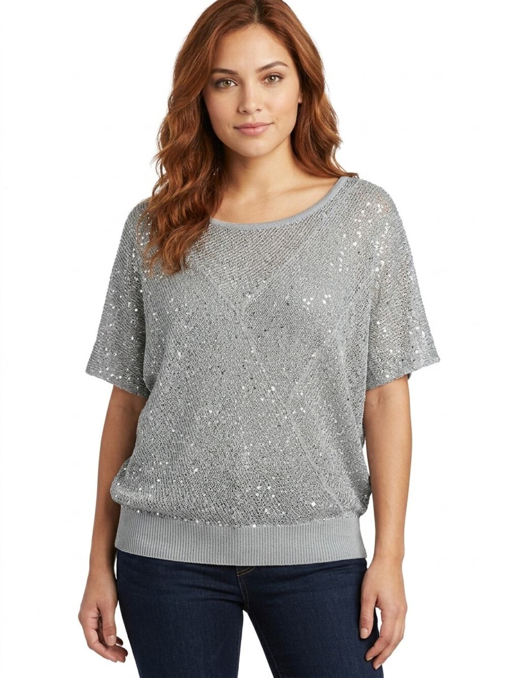 Matty M Gray Sequin Knit Dolman Sleeve Scoop Neck Top Women Size S